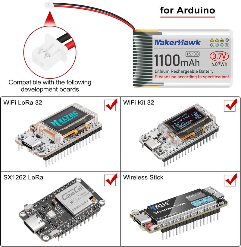 MakerHawk 3.7V 1100mAh LiPo Battery Rechargeable 1S 102540 Lithium Polymer Battery with Protection Board Insulated Rubber Tape, Micro JST 1.25 Plug for Arduino ESP32 Development Board (1 Pack) - Image 5